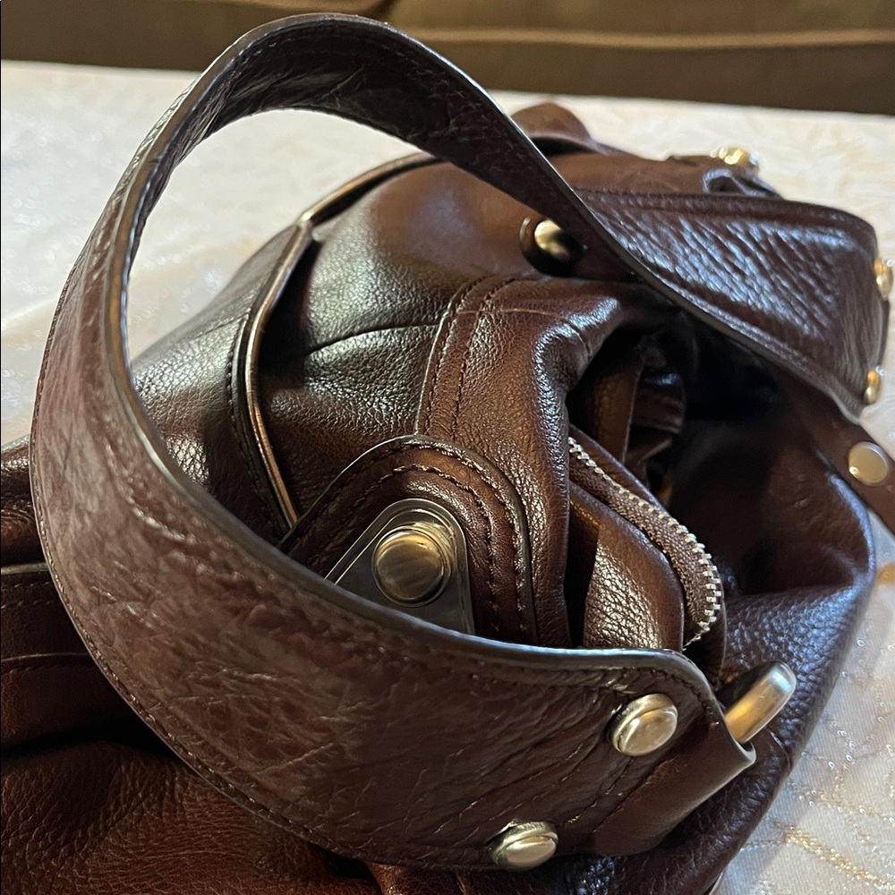 B. Makowsky Dark Brown Slouchy Brown Leather HoBo Shoulder Bag Metallic Details - Picture 9 of 17